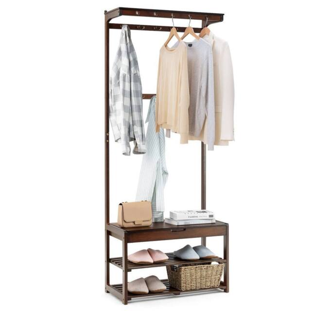 Costway 3 in 1 Hall Tree Shoe Storage Entryway Storage Organizer with 10 Hanging Hooks in Brown - image 1