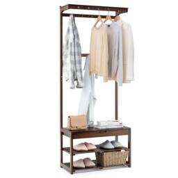 Costway 3 in 1 Hall Tree Shoe Storage Entryway Storage Organizer with 10 Hanging Hooks in Brown - thumbnail 1