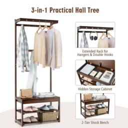 Costway 3 in 1 Hall Tree Shoe Storage Entryway Storage Organizer with 10 Hanging Hooks in Brown - thumbnail 5