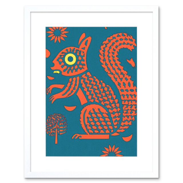 "Artery8 Wall Art Print Squirrel Colour Block Modern Folk Art Linocut Artwork Framed 9X7 Inch in White - Size: W7"" x H9""" - image 1