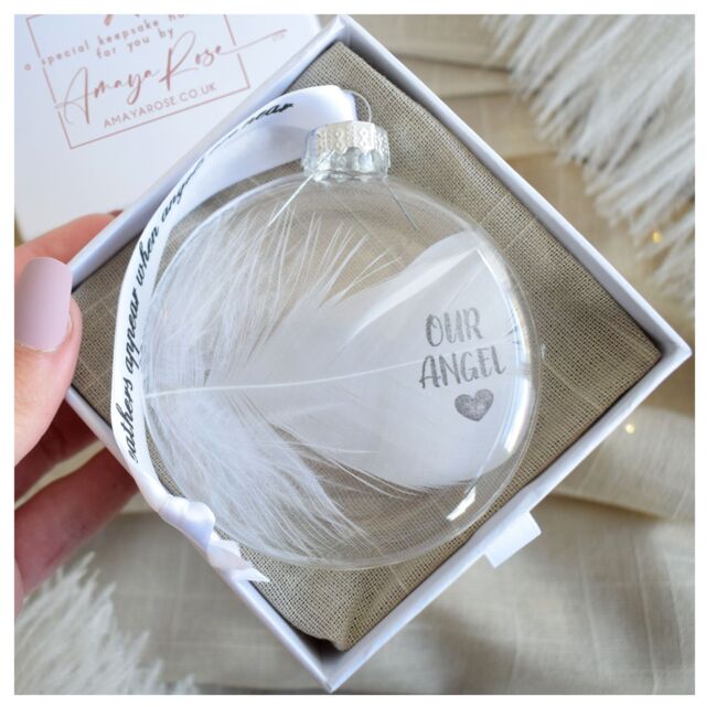 Amaya Rose Ltd In Memory of Our Angel Feather Round Bauble Gift Boxed. Memorial Décor in Clear