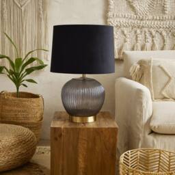 Wyld Haus Fernforge grey ribbed glass table lamp with black velvet shade - thumbnail 1