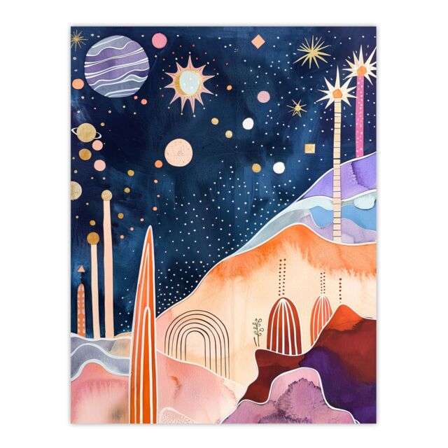 "Artery8 Mid Century Modern Abstract Boho Space Landscape Wall Art Print - Size: W24"" x H32""" - image 1