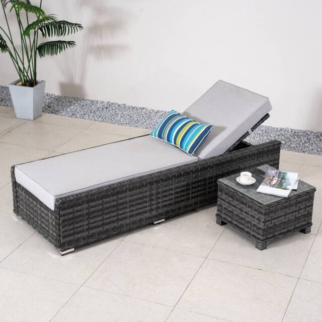 Direct Wicker Adjustable Sun Lounge with Side Table - 5‑Position in Grey - Size: 2 Pack - image 1