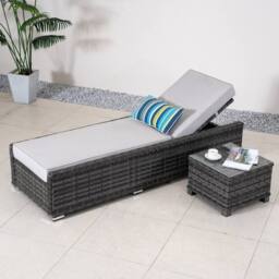 Direct Wicker Adjustable Sun Lounge with Side Table - 5‑Position in Grey - Size: 2 Pack
