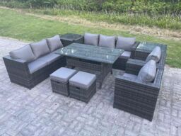 Fimous 10 Seater Garden Furniture Rattan Lounge Sofa Set Patio Dining Table with 2 Armchair 2 Side Table 2 Stools in Dark Grey - thumbnail 1