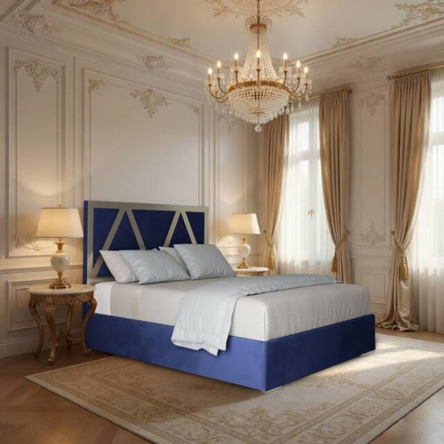 Casani Warrington Upholstered Soft Velvet Blue Metal Designer Bed Frame - Size: Small Double - image 1