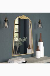 Living and Home 60cm W x 90cm H Gold Wave Carved Metal Framed Decorative Wall Mirror Makeup Mirror - Size: 60 cm W x 90 cm H - thumbnail 1