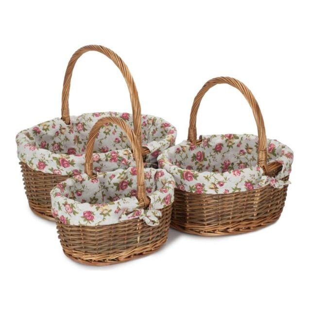 Red Hamper Oval Unpeeled Willow Shopping Basket With Garden Rose Lining in Brown - Size: Large - image 1