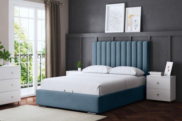 DS Living Evangaline Metallic Blue Panel Ottoman Bed with Headboard - Size: Double - image 1