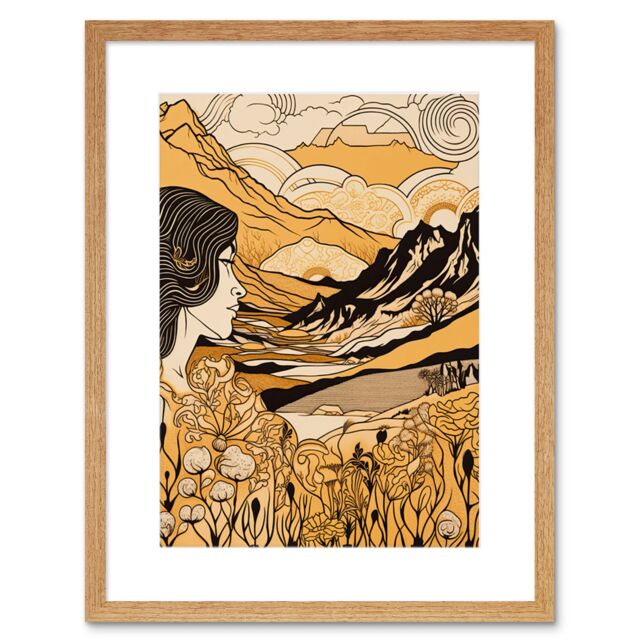 "Artery8 Wall Art Print Earth Goddess Blooming Flowers Mountain Landscape Artwork Framed 9X7 Inch in Beige - Size: W7"" x H9""" - image 1