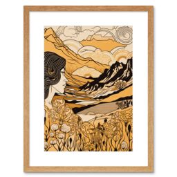 "Artery8 Wall Art Print Earth Goddess Blooming Flowers Mountain Landscape Artwork Framed 9X7 Inch in Beige - Size: W7"" x H9""" - thumbnail 1