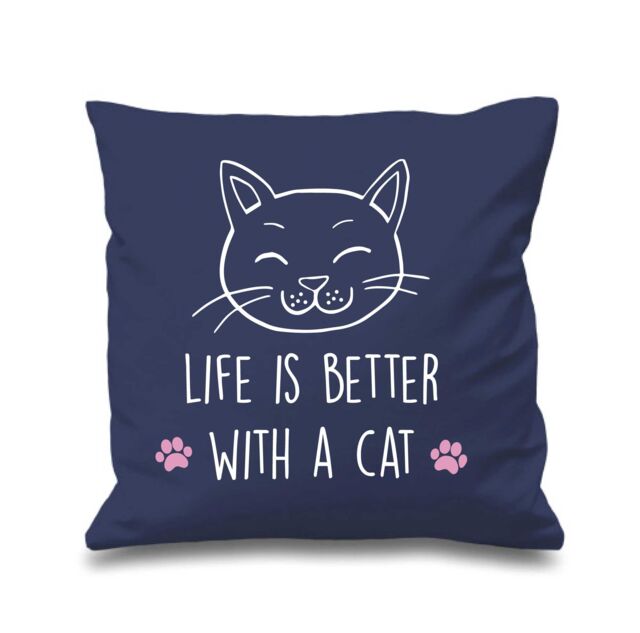 "60 SECOND MAKEOVER Navy Cushion Cover Life Is Better With A Cat 16"" x 16"" Mum Friend Gift Decorative - Size: 40 cm x 40 cm"