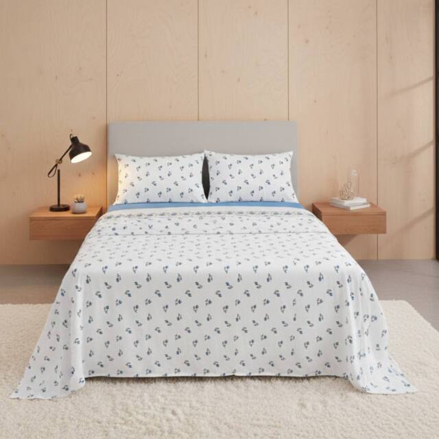 Snug City Soft Flower Print Brushed Cotton Fitted Flat Sheet Matching Pillowcase in Blue - Size: Double - image 1