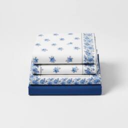 Snug City Soft Flower Print Brushed Cotton Fitted Flat Sheet Matching Pillowcase in Blue - Size: Double - thumbnail 2