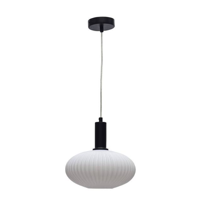 First Choice Lighting Baton - White Ribbed Oval Glass Black Deco Pendant Fitting - image 1