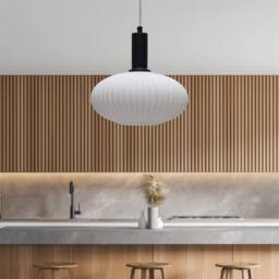 First Choice Lighting Baton - White Ribbed Oval Glass Black Deco Pendant Fitting - thumbnail 3