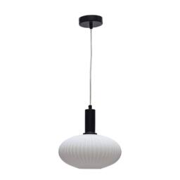 First Choice Lighting Baton - White Ribbed Oval Glass Black Deco Pendant Fitting - thumbnail 1