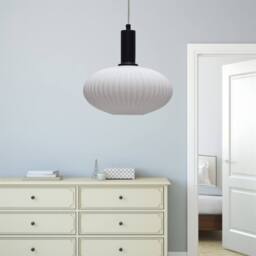 First Choice Lighting Baton - White Ribbed Oval Glass Black Deco Pendant Fitting - thumbnail 4