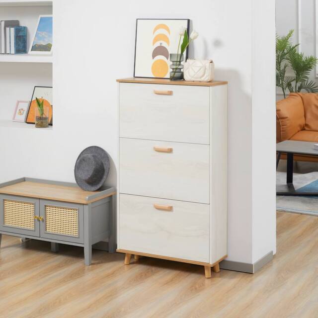 HOMCOM Slim Shoe Storage Cabinet with 3 Drawers & Adjustable Shelves for Hallway in Cream - image 1