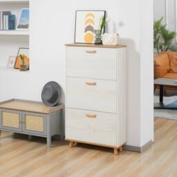 HOMCOM Slim Shoe Storage Cabinet with 3 Drawers & Adjustable Shelves for Hallway in Cream - thumbnail 1