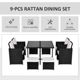 OUTSUNNY 8 Seater Cube Rattan Garden Furniture Dining Set with Cushions in Black - thumbnail 4