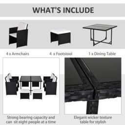 OUTSUNNY 8 Seater Cube Rattan Garden Furniture Dining Set with Cushions in Black - thumbnail 6
