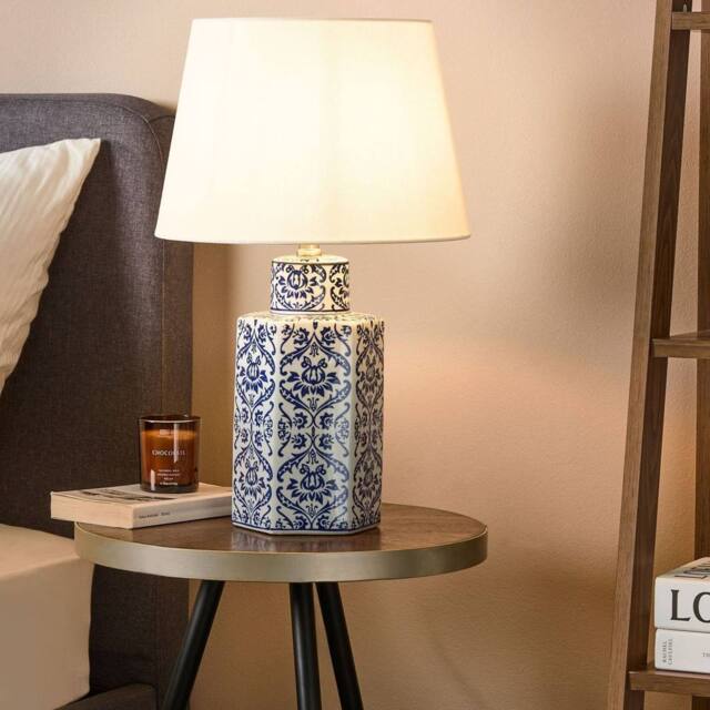 Wyld and Coco 53cm Bedside Table Lamp Hand Painted White and Blue Porcelain Base - image 1