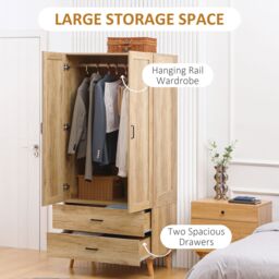 HOMCOM 2 Door Wardrobe Modern Wardrobe 2 Drawer Hanging Rail for Bedroom in Light Brown - thumbnail 4