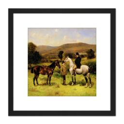 Artery8 Leighton Two Horses & Riders 1883 Painting 8X8 Inch Square Wooden Framed Wall Art Print Picture with Mount in Black - thumbnail 1