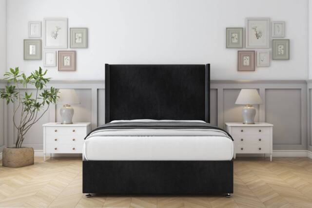 "Comfort Beds Madrid Naples Divan Set 2 Drawers-54"" Wingback in Black - Size: Small Double" - image 1