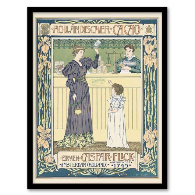 Artery8 Hollandischer Cacao Advert Vintage Framed Wall Art Print van Caspel in Yellow - Size: A4 - image 1