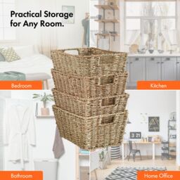 VonHaus Pack of 4 Seagrass Hand Woven Storage Boxes with Metal Frame in Natural - thumbnail 4
