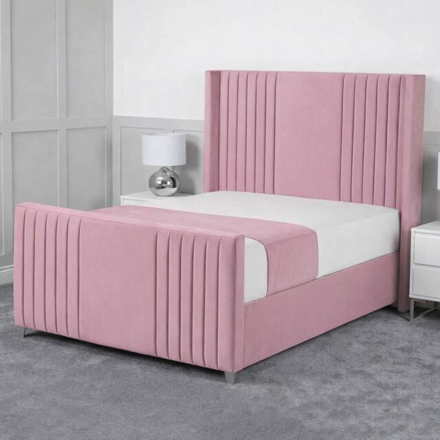 Living Comfort Bedz Emilia Plush Velvet Upholstered Bed Slatted Base with 48Inch Headboard in Pink - Size: Small Double - image 1