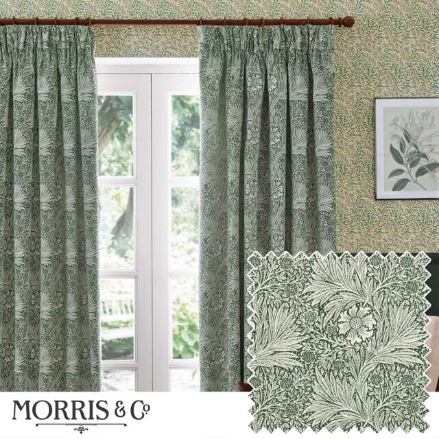 Morris & Co Marigold Jacquard Floral Room Darkening Pencil Pleat Curtains in Green - Size: 117 cm width x 183 cm drop - image 1