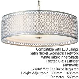 Loops Hanging Ceiling Pendant Light Satin Nickel & Fabric Round Geometric Feature Lamp in Metallics - thumbnail 2