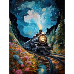 "Artery8 Wall Art Print Train Ride to Imagination Land Conceptual Art Oil Painting Dream Journey Railroad Poster in Blue - Size: W18"" x H24""" - thumbnail 1