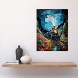 "Artery8 Wall Art Print Train Ride to Imagination Land Conceptual Art Oil Painting Dream Journey Railroad Poster in Blue - Size: W18"" x H24""" - thumbnail 2