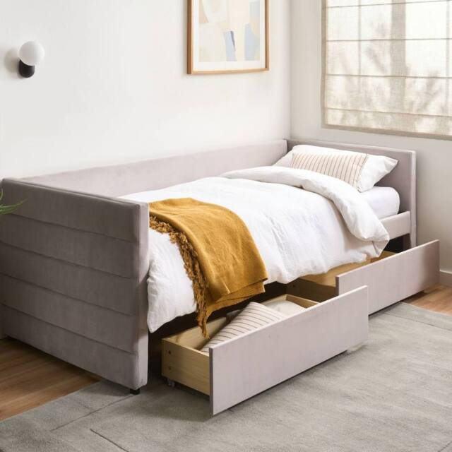 Wyld and Coco Velvet Daybed Light Grey 90 x 200 cm with Slatted Base and Drawers - Size: Single - image 1