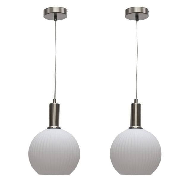 First Choice Lighting Set of 2 Betchley - White Ribbed Globe Satin Nickel Deco Pendants - image 1