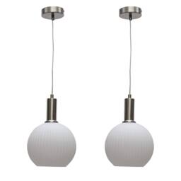 First Choice Lighting Set of 2 Betchley - White Ribbed Globe Satin Nickel Deco Pendants - thumbnail 1