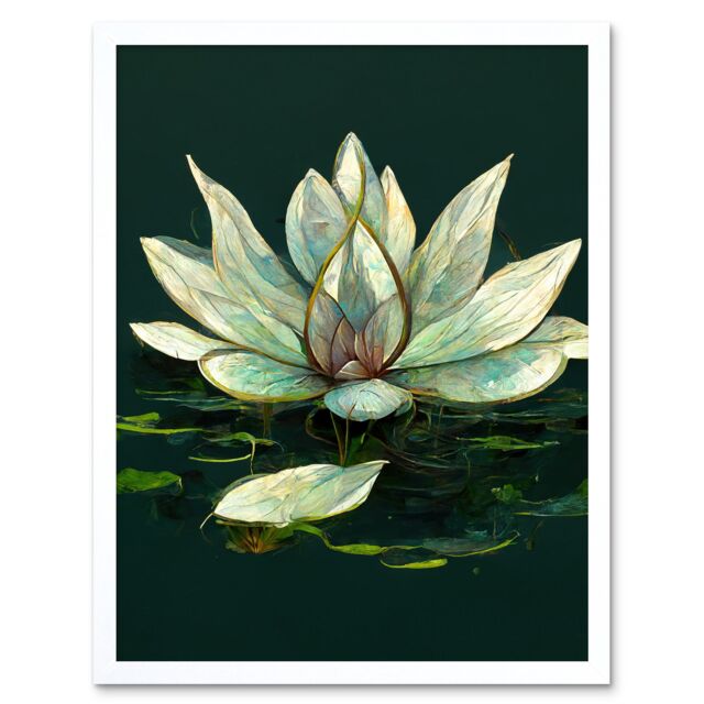 "Artery8 Wall Art Print Peaceful Elegant Water Lily Modern Tranquil Art Framed in White - Size: W12"" x H16""" - image 1