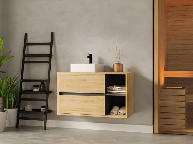 Vente-unique Wall-Hung Bathroom Unit With Square Basin - Natural - 100 Cm - PURNAL in Light Oak - image 1