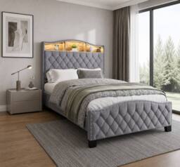 Merax Double Grey Velvet Upholstered Bed Frame with Storage LED Headboard - thumbnail 4