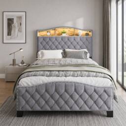 Merax Double Grey Velvet Upholstered Bed Frame with Storage LED Headboard - thumbnail 3