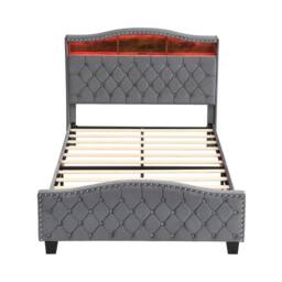 Merax Double Grey Velvet Upholstered Bed Frame with Storage LED Headboard - thumbnail 9