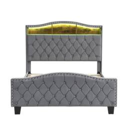 Merax Double Grey Velvet Upholstered Bed Frame with Storage LED Headboard - thumbnail 7