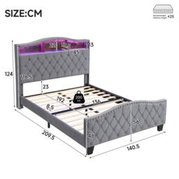 Merax Double Grey Velvet Upholstered Bed Frame with Storage LED Headboard - thumbnail 2