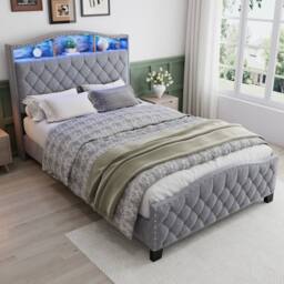 Merax Double Grey Velvet Upholstered Bed Frame with Storage LED Headboard - thumbnail 5