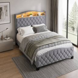 Merax Double Grey Velvet Upholstered Bed Frame with Storage LED Headboard